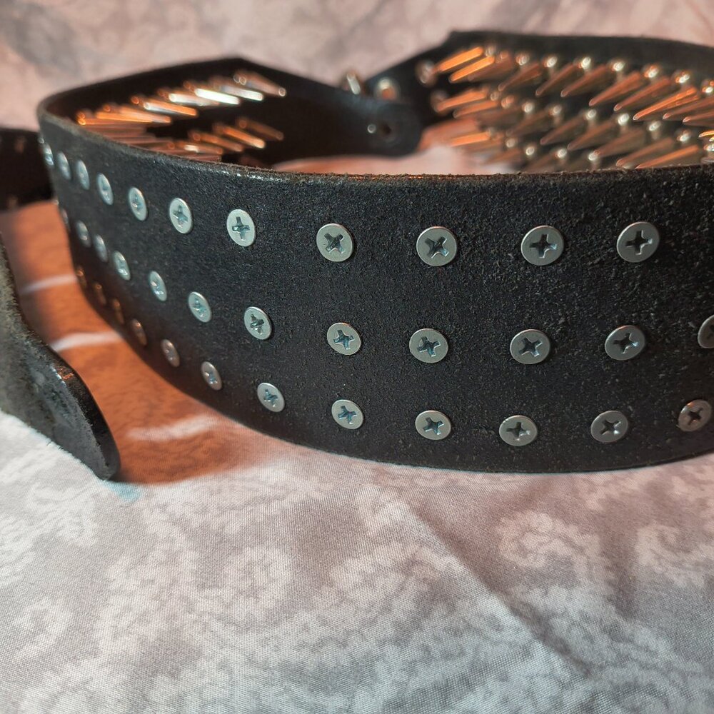 Handmade leather 2.5" with 3 row 1" spike Metal Devastation custom guitar strap - Picture 4 of 11